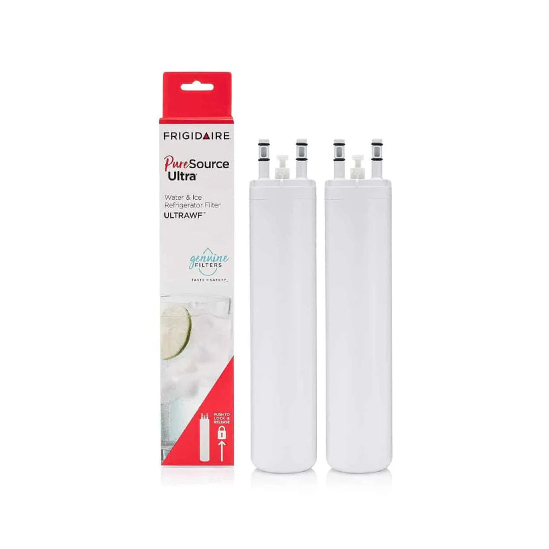 Two Frigidaire ULTRAWF PureSource Ultra water filters displayed beside the product box on white background